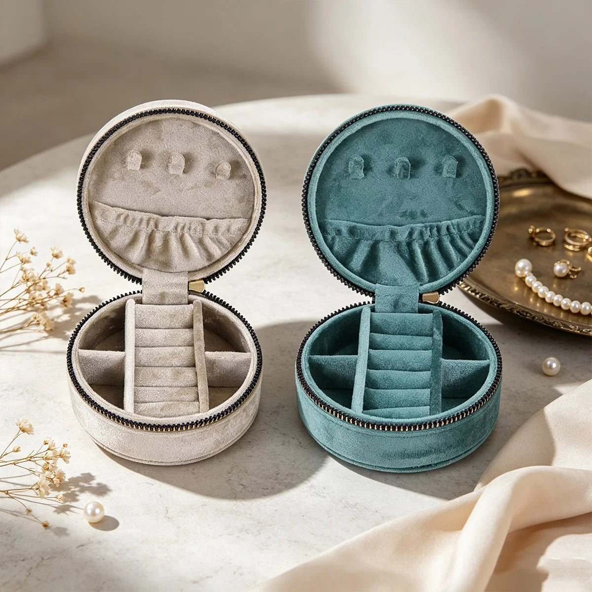 Boîte ronde Suzanne - Écrin nomade en tissu doux avec fermeture éclair - Garde Bijoux