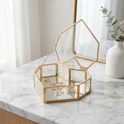 Boîte Bijoux Coeur - Écrin géométrique en verre et laiton doré - Garde Bijoux