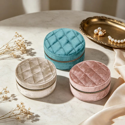 Boîte ronde Suzanne - Coffret de voyage zippé pour bagues et colliers - Garde Bijoux