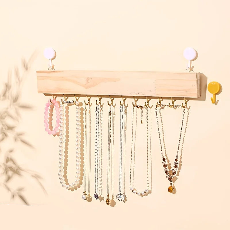 Porte-bijoux mural en bois - Rangement suspendu pour colliers en bois - Garde Bijoux