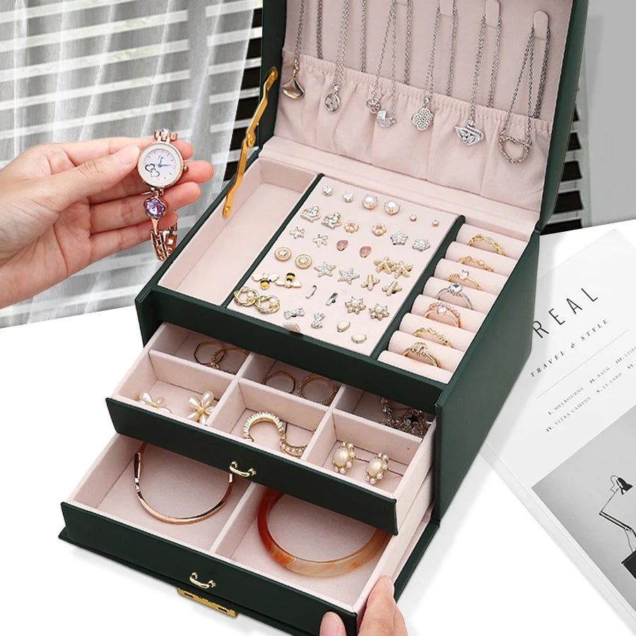 Boîte à bijoux Hélène - Ecrin a bijoux vert avec interieur en velours rose - Garde Bijoux