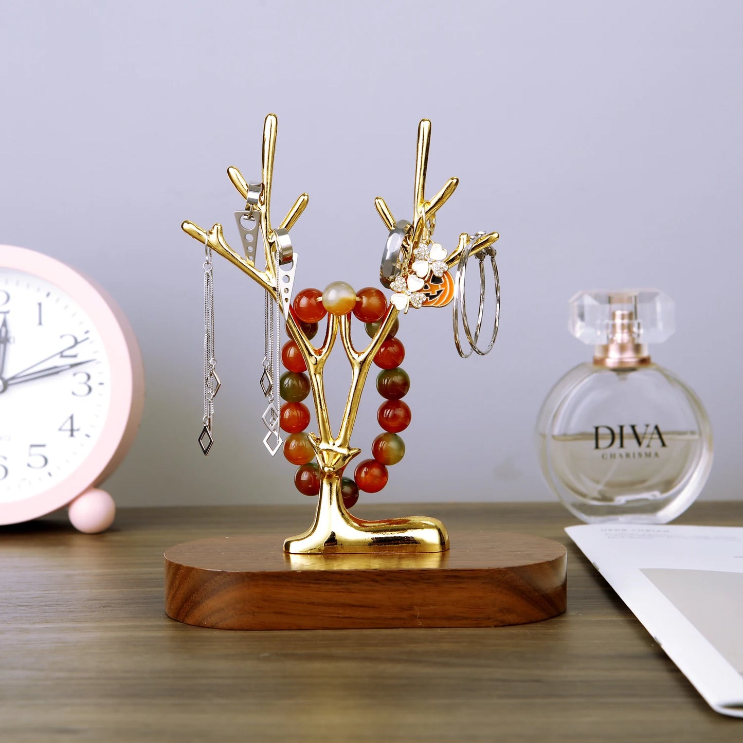 Arbre à bijoux cerf - Arbre à bijoux cerf doré sur socle en bois - Garde Bijoux