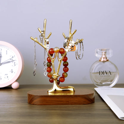 Arbre à bijoux cerf - Arbre à bijoux cerf doré sur socle en bois - Garde Bijoux