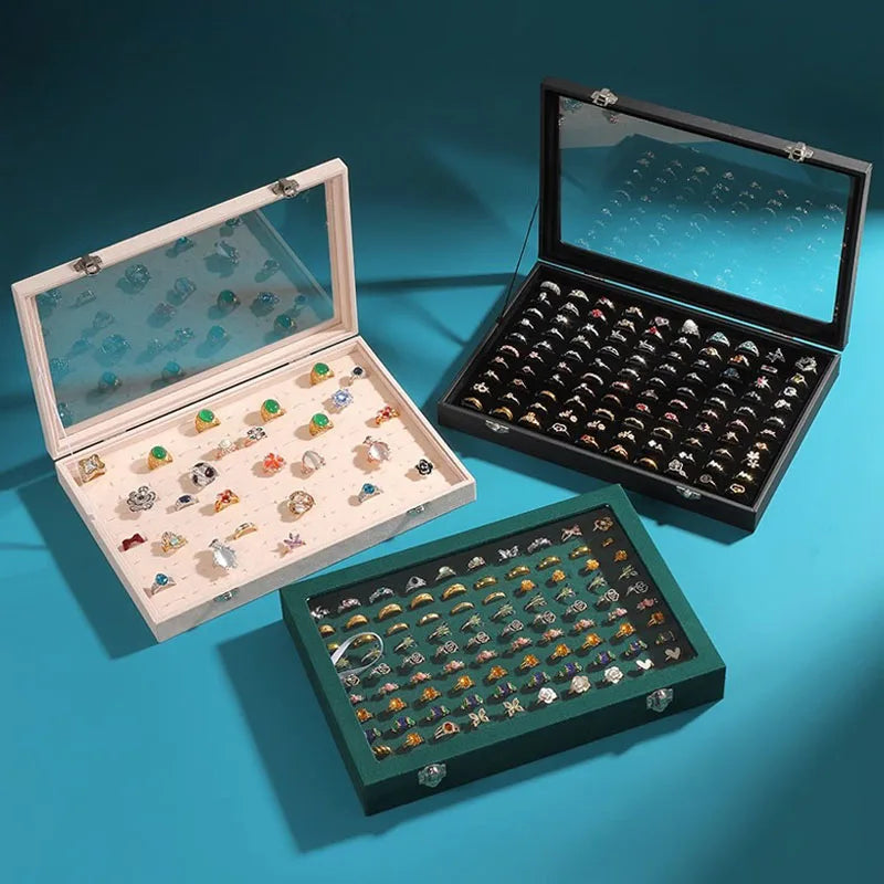 Plateau 100 bagues Caroline - Plateau de rangement 100 bagues avec couvercle transparent - Garde Bijoux