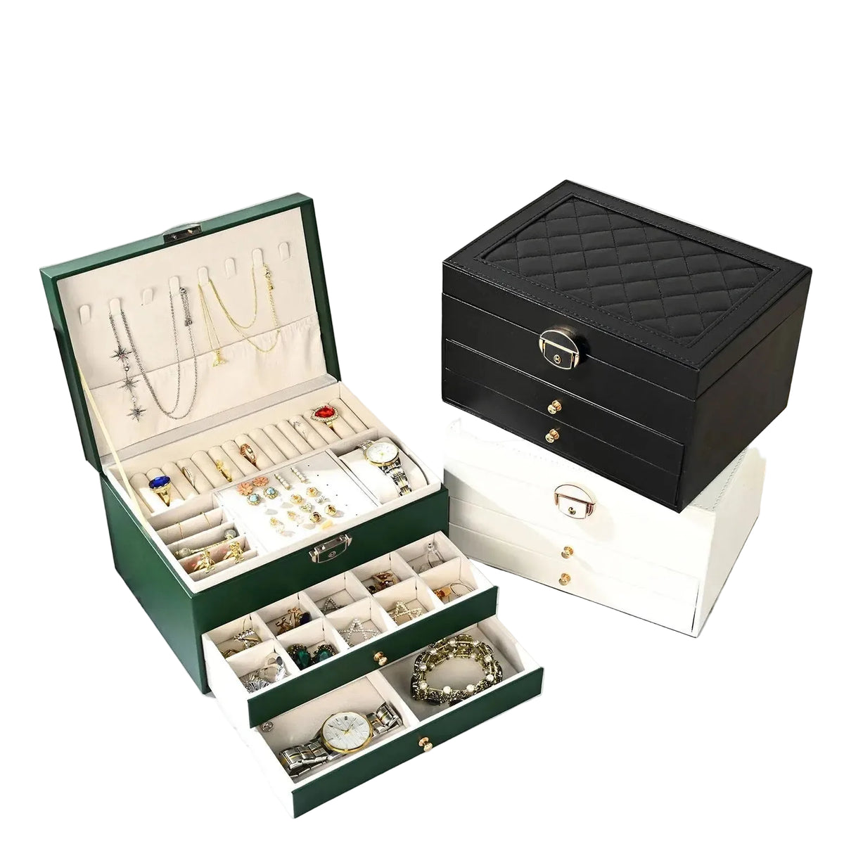 Boîte à bijoux Karine - Grand coffret à bijoux à tiroirs multiples ouvert sur une coiffeuse - Garde Bijoux