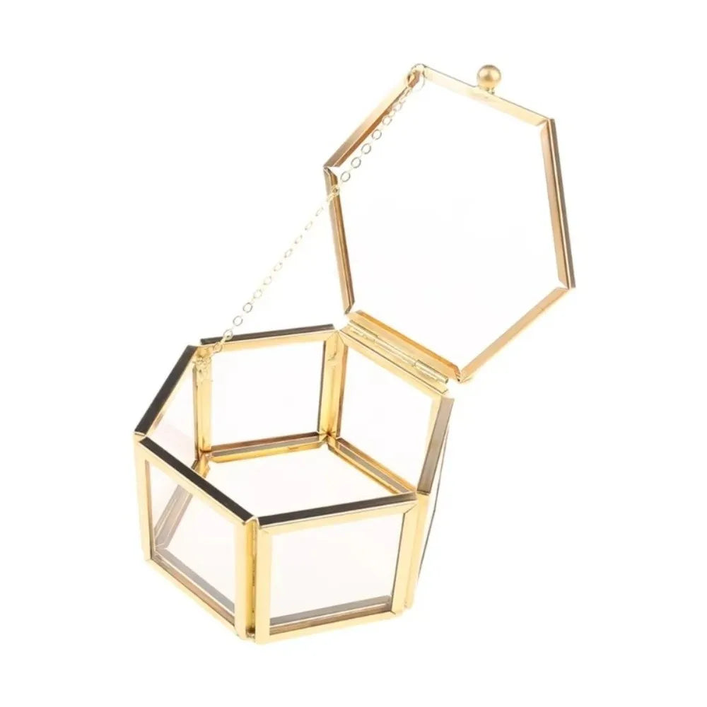 Boîte géométrique Jade - Ecrin deco Jade minimaliste avec structure metallique doree - Garde Bijoux