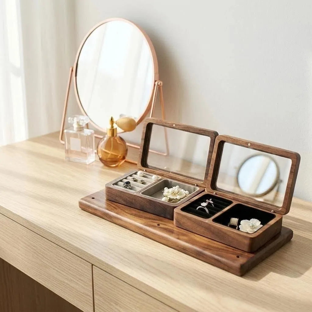 Boîte à bijoux Zélia - Boîte de rangement portable en bois de noyer - Garde Bijoux