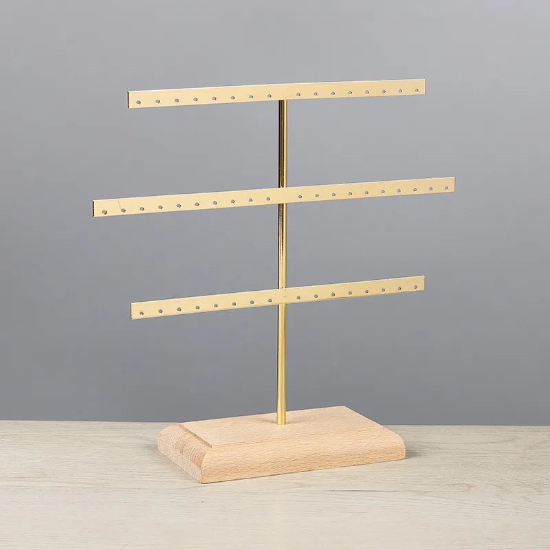 Porte-bijoux 3 étages - Porte-bijoux en métal noir sur socle en bois - Garde Bijoux