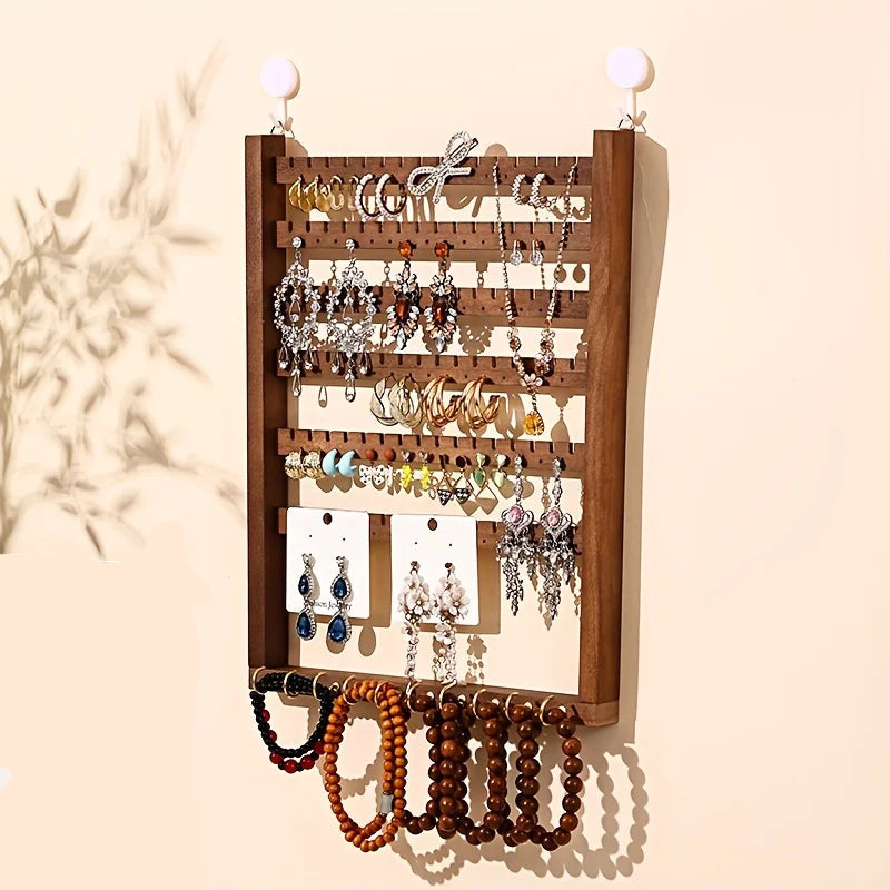 Étagère bijoux murale en bois brun - Porte-bijoux mural pour ranger colliers et bracelets - Garde Bijoux