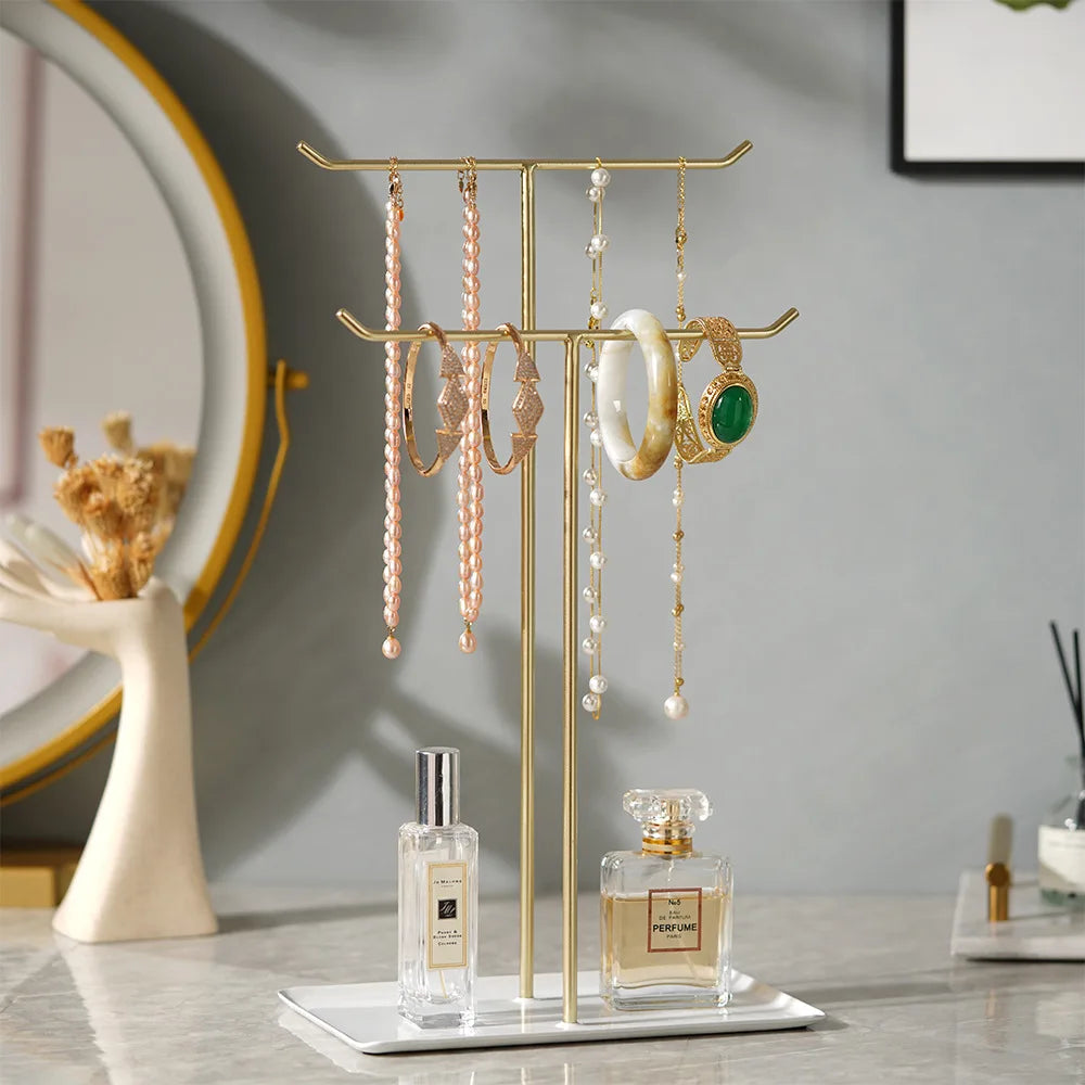 Porte-bijoux en métal - Arbre à bijoux à deux niveaux avec plateau de base rectangulaire - Garde Bijoux
