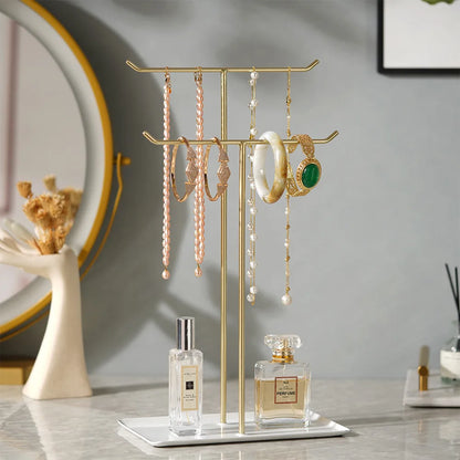 Porte-bijoux en métal - Arbre à bijoux à deux niveaux avec plateau de base rectangulaire - Garde Bijoux