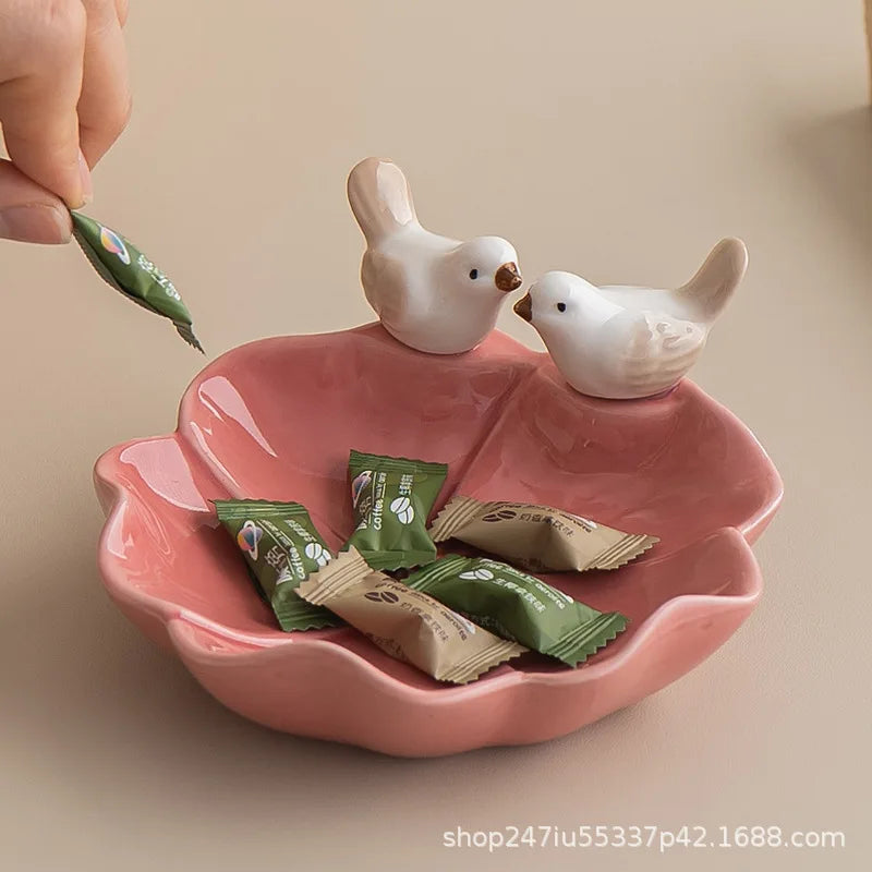 Coupelle à bijoux fleur - Coupelle à bijoux en céramique rose avec deux petits oiseaux - Garde Bijoux