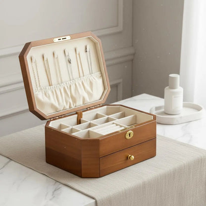 Coffret à bijoux Solène - Rangement bijoux haut de gamme ouvert sur une coiffeuse - Garde Bijoux