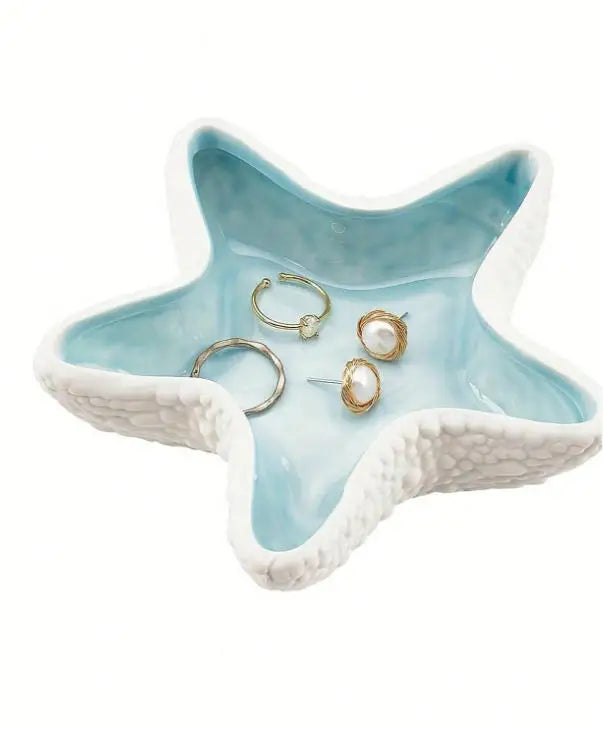 Coupelle étoile - Vide poche marin en céramique blanche et bleue pour bagues - Garde Bijoux