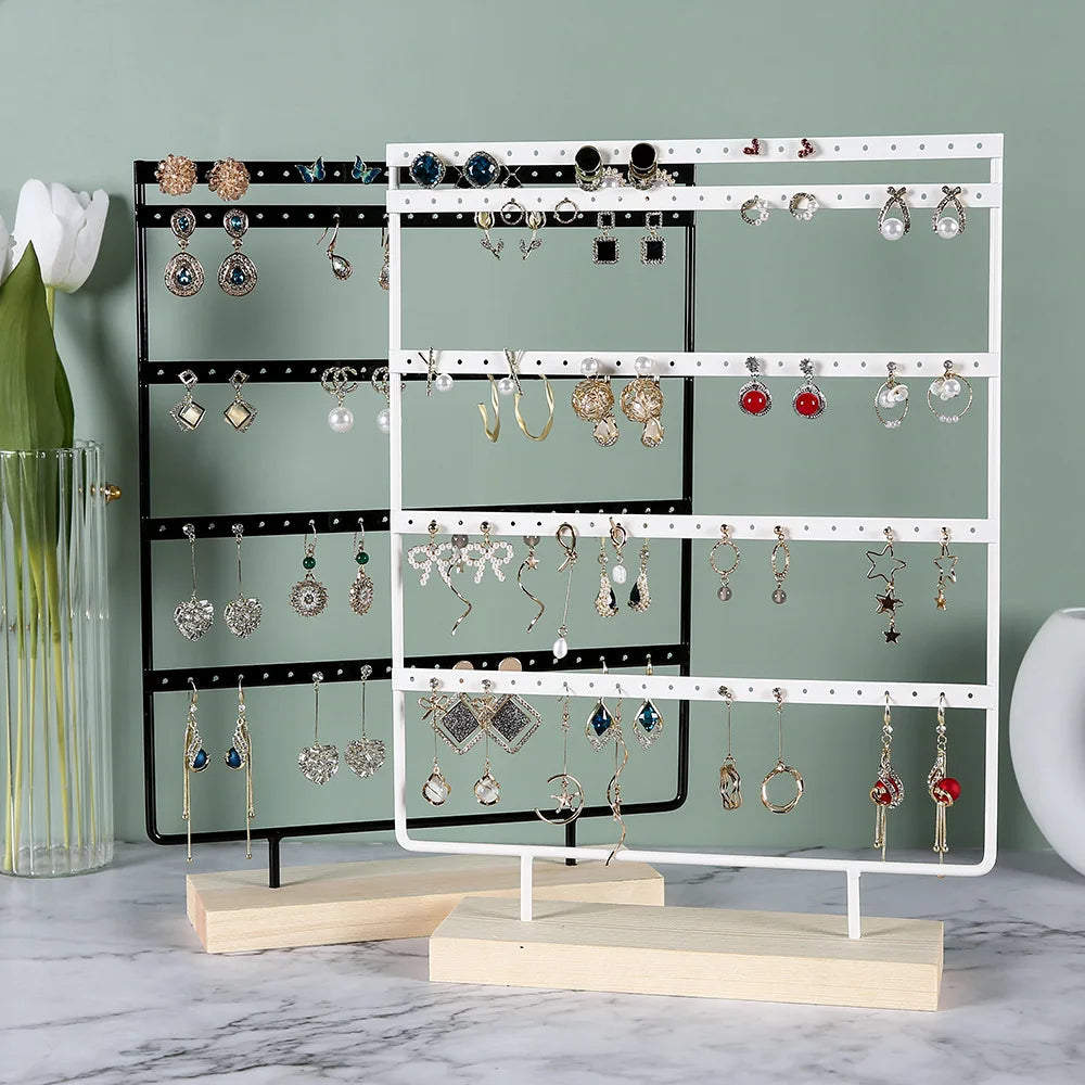 Porte boucles d'oreilles multi-niveaux - Porte boucles d'oreilles en métal avec base en bois - Garde Bijoux