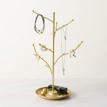 Arbre à bijoux en métal épuré avec coupelle de rangement