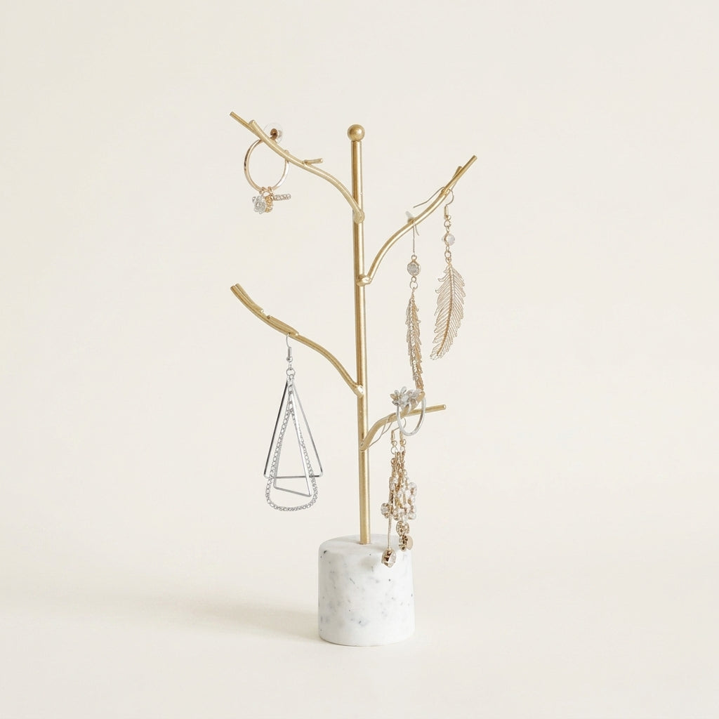 Arbre à bijoux doré - Porte bijoux minimaliste avec socle en pierre - Garde Bijoux