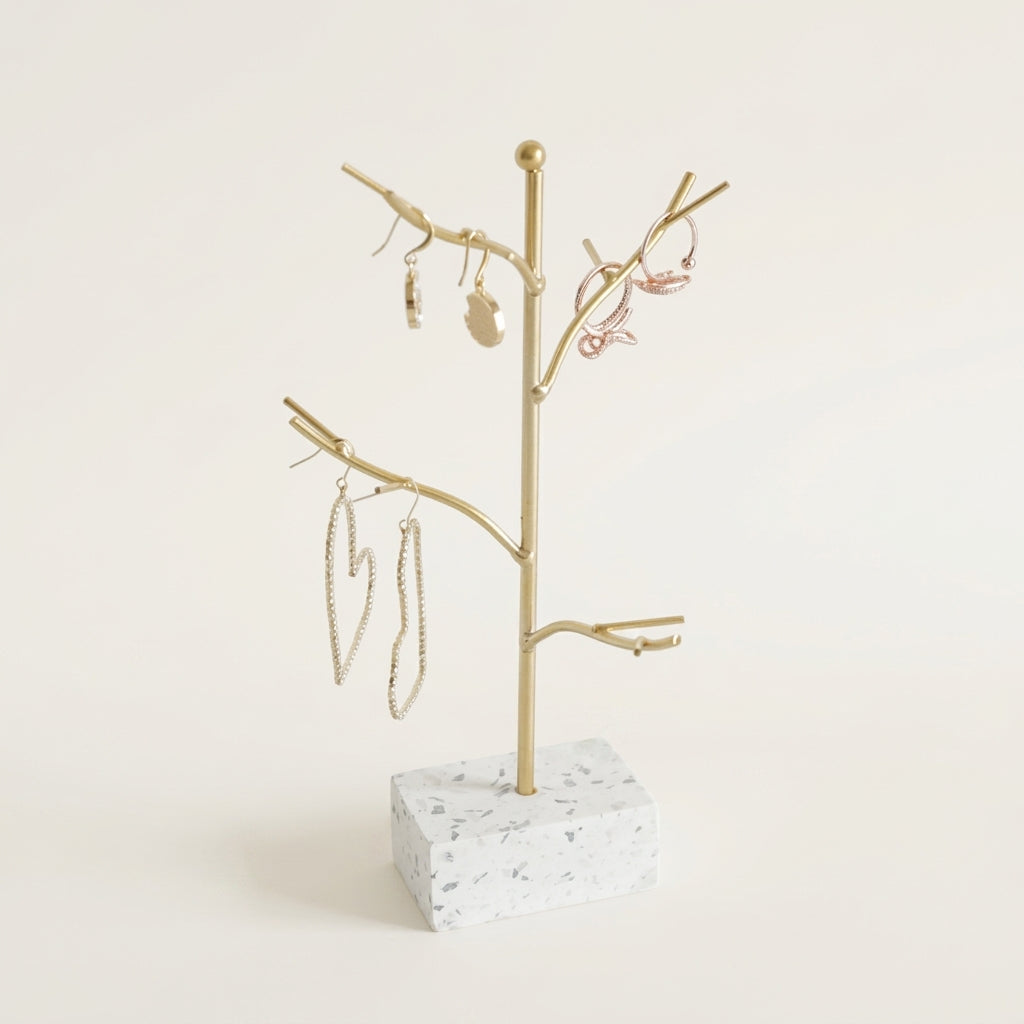 Arbre à bijoux doré - Présentoir à bijoux en métal avec socle en pierre - Garde Bijoux