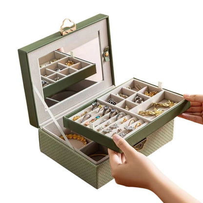 Boîte à bijoux luxueuse en cuir texturé à double étage avec miroir et serrure - Sylvestre