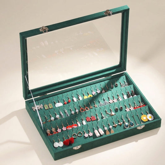 Boîte à boucles d'oreilles verte fonc en velours avec couvercle vitré 64 fentes - Carole