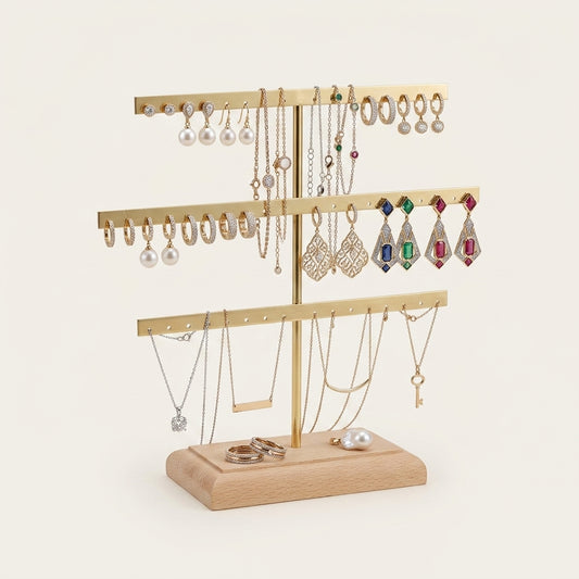 Porte-bijoux 3 étages en métal avec socle en bois robuste
