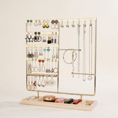 Porte-bijoux multifonction en métal avec plateau en bois