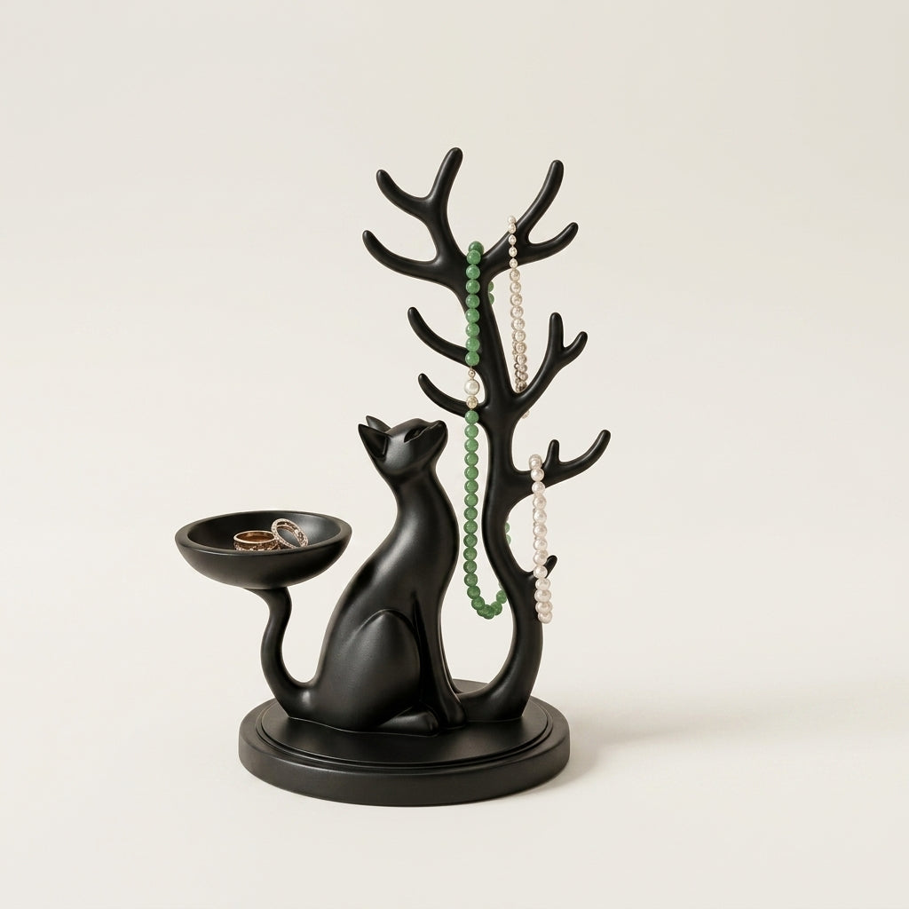 Porte-bijoux chat avec coupelle et branches