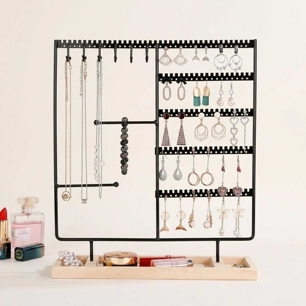 Porte-bijoux multifonction en métal avec plateau en bois