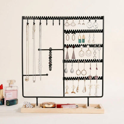 Porte-bijoux multifonction en métal avec plateau en bois