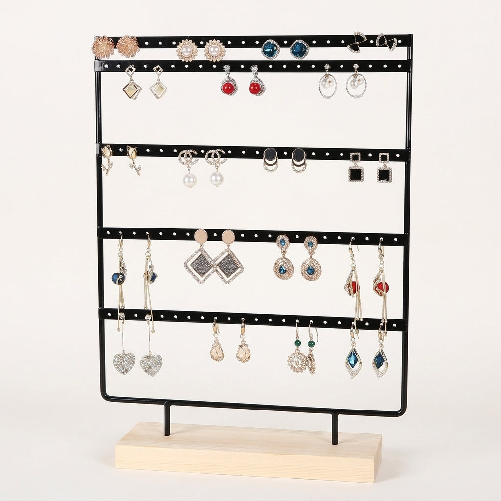 Porte boucles d'oreilles en métal et bois à 5 niveaux